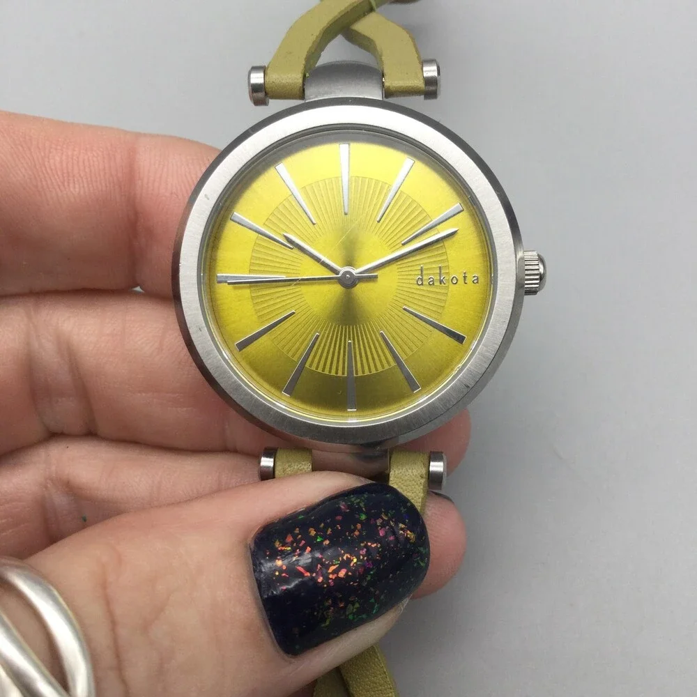 Dakota Womens Watch 35mm Yellow Dial Silver Tone Leather 50M WR New Battery